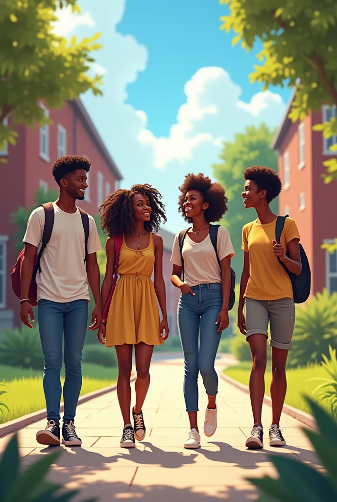 Two age black boys and two teenblack girls in a university background. The two boys are casually dressed. The two girls are casually dressed.