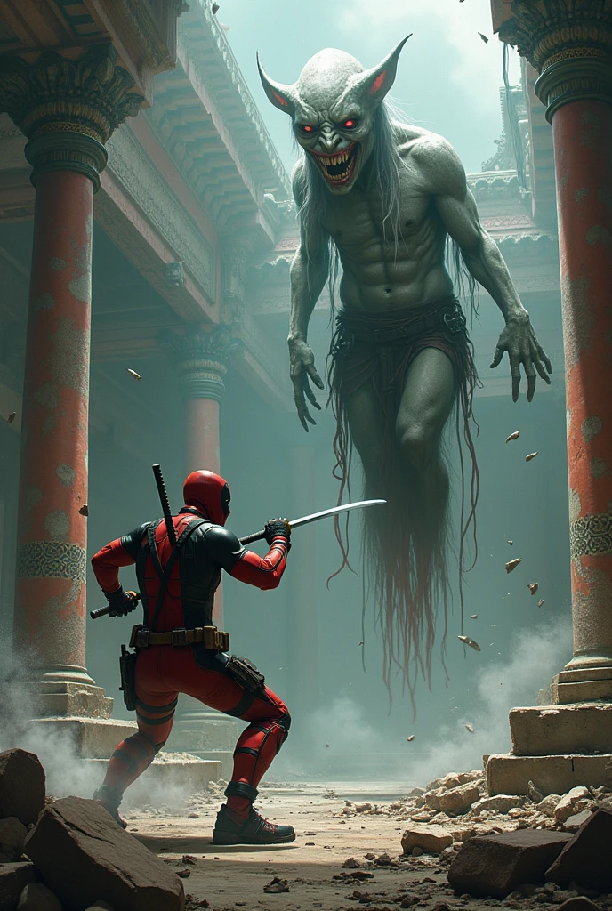 Deadpool fight with กระสือ in broken Thai temple. There is war feeling