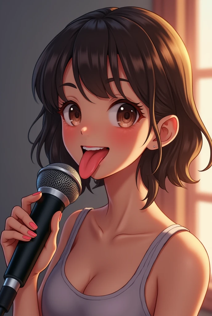 （（super high quality,Ultra-high resolution,16K,super masterpiece,Ultra HD ,Detailed shading,））A dimly lit park at night,（（３Sexy woman））,Cleavage,Yellow jumpsuit,White belt at waist,popped Tight collar,smile,blush,Sweaty,holding a microphone in his hand,A small amount of drooling,