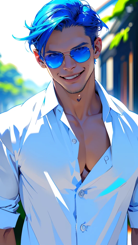 Blue hair, blue suit man、(((Wearing a white open shirt、Smooth hair that reaches down to your back、Eyes showing through sunglasses、Handsome man holding candy and looking at camera while smiling、Hair up to the neck))),