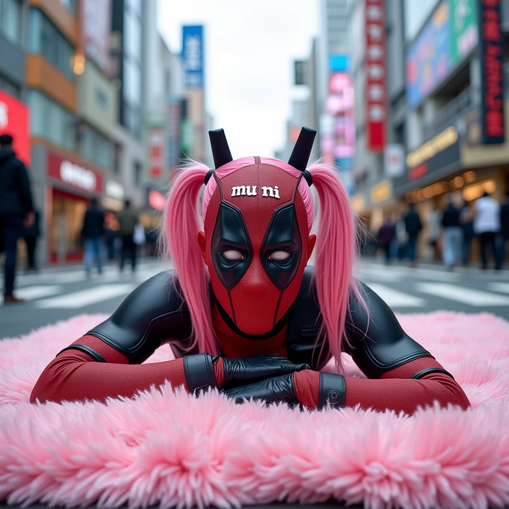 ((Highest quality)), ((masterpiece)), (photograph), ((low angle shot)), ((40 years old)), ((Japanese women)), ((Deadpool costume and mask)), (((The word &quot;mu mi&quot; is written in white letters on the mouth.))), Deadpool woman with pink hair and twin tails, Lying on a fluffy pink bath mat at Tokyo&#39;s Scramble Crossing, Surrounded by passers-by,