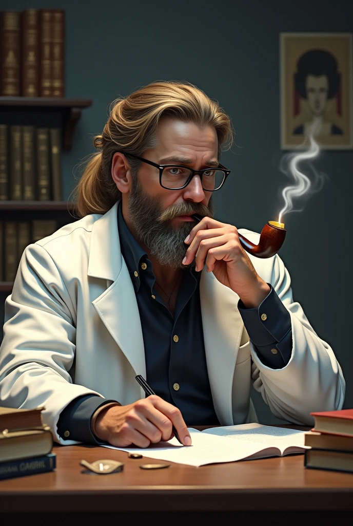 Man with medium-length hair tied long with a medium-sized beard wearing glasses and a white coat sitting at a table smoking a pipe