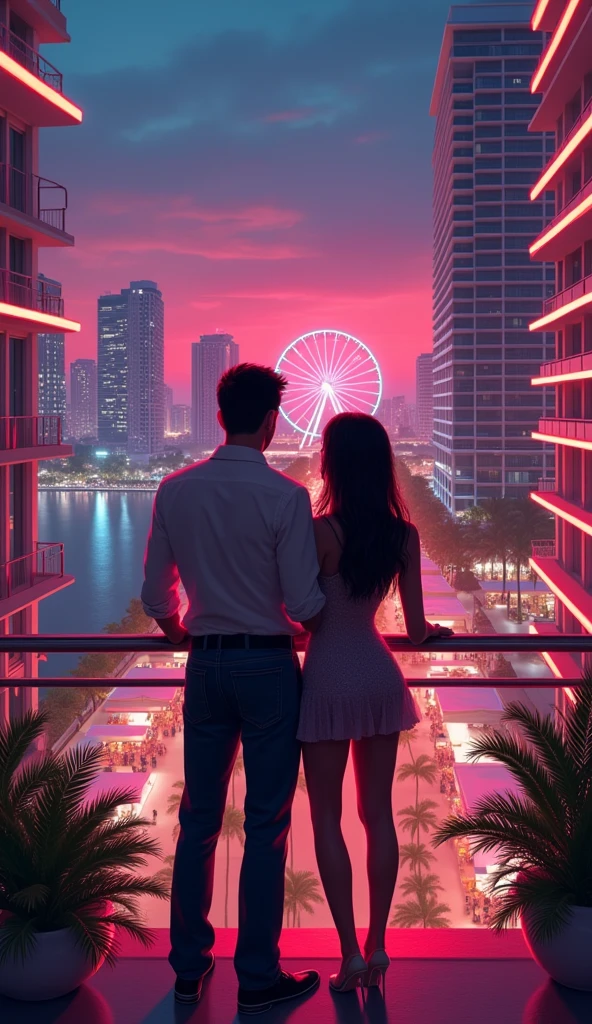 a couple looking at the Miami Bayside market from the a balcony of a tallest among all the skyscrapers overlooking , neon lights, miami vice vibes, , Ferris wheel at far away