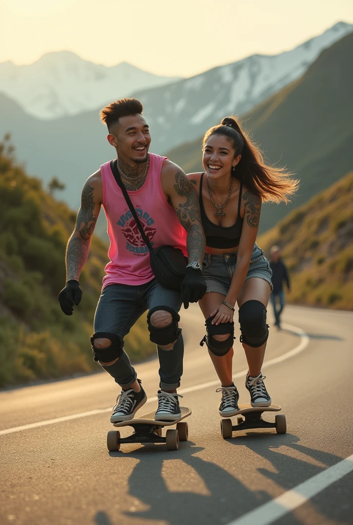 

An adrenaline-filled shot of a couple romantic Korean man with man undercut stick hair and beautiful woman modern Bun hair covered in tattoos on his arms, confidently riding a skateboard down a winding mountain road, framed by the golden light of the setting sun. He is wearing a pink tank top with a vintage AYANK logo on his chest and a bag on his back, and RIFED shorT The COUPLE man AND WOMAN smiles warmly at the camera, his hands protected by black gloves, adding a personal touch to the thrilling scene. He also wears knee and elbow pads, ensuring safety as he navigates the turns with ease. The background features rolling green hills and snow-capped mountains in the distance, creating a stunning contrast to the rider’s dynamic movements, amplifying the excitement. In the distance, another figure is visible, adding depth to the scene. The image exudes the thrill of downhill skateboarding, the beauty of the natural scenery, and the fearless energy of the rider, with an Instagram-worthy atmosphere.

