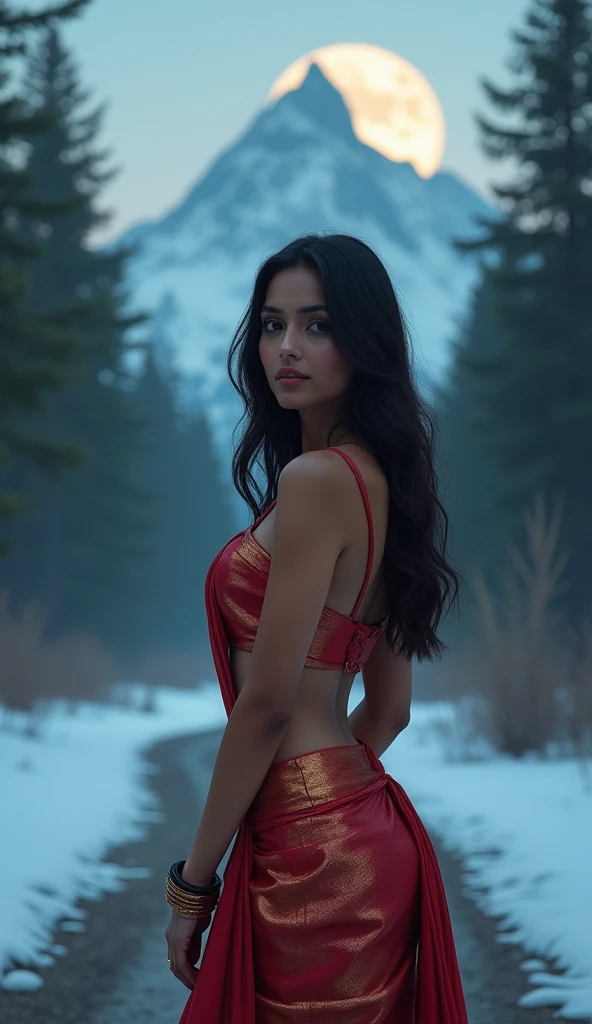 Beautiful indian woman posing, straight photoshoot pose, full body portrait, moonlit night, night time, winter, walking on forest path, detailed face, cute, big eyes, iconic, photorealistic, mountain temple, detailed background, big breasts, sexy thin saree, long wavy hair, cleavage, symmetric face, masterpiece, 8k, ultra realistic
