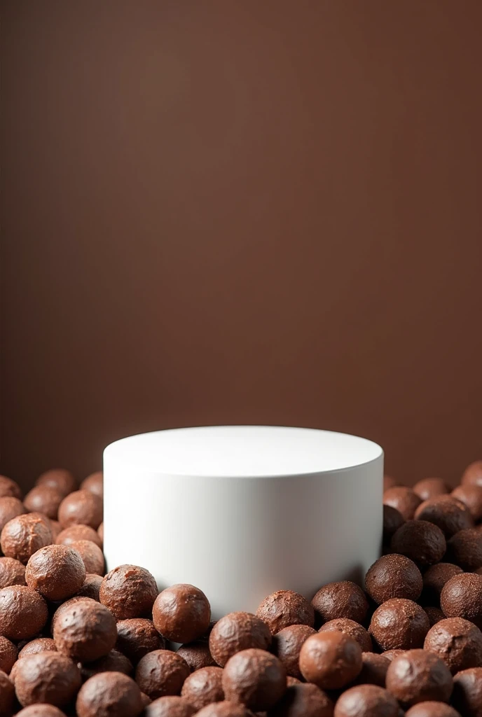 White podium with chocolate balls background 