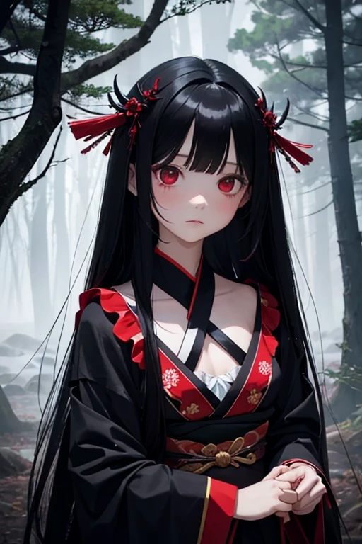 Girl doll, black hair, long hair, small chest, red eyes, black kimono, expressionless, dark night, nature, dark forest, Sanzu River, fog, afterlife