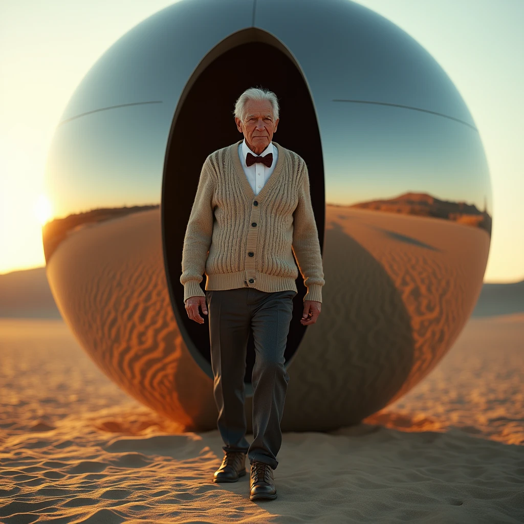 old man, cardigan sweater, bow tie, dark pants, brown shoes, stepping out of a building sized mirrored sphere resting on the desert floor at sunset, photo realistic