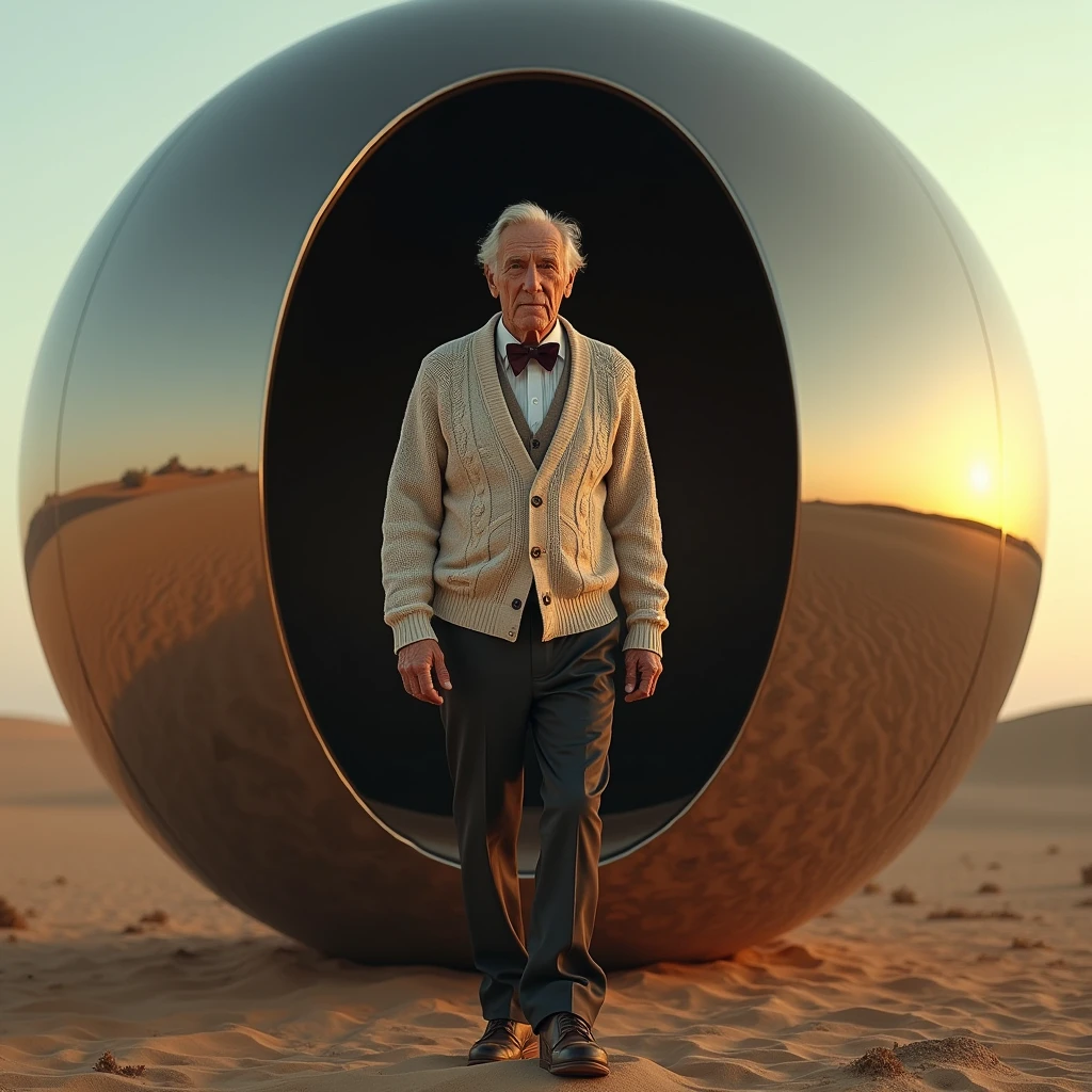 old man, cardigan sweater, bow tie, dark pants, brown shoes, stepping out of a building sized mirrored sphere resting on the desert floor at sunset, photo realistic