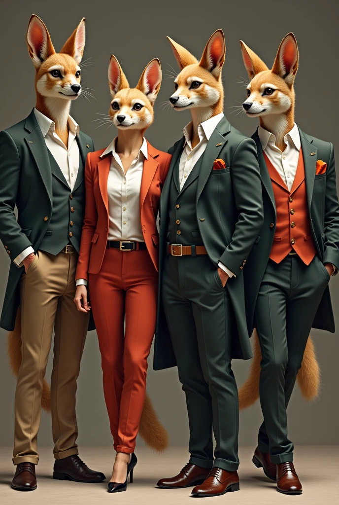 Four animals, 1 female and 3 males, dressed in fashionable trousers and a fashionable shirt, all together