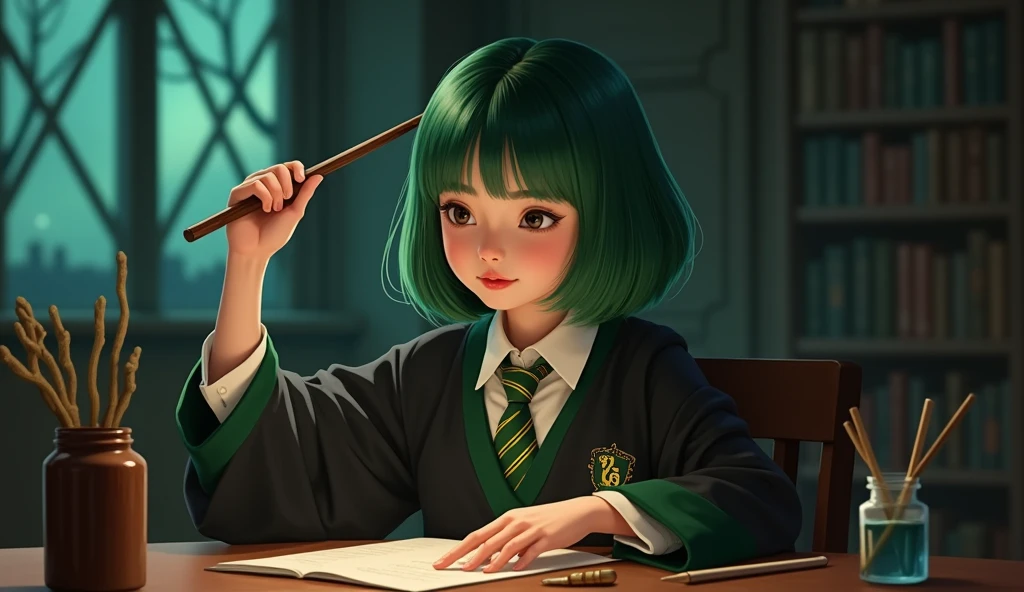 Girl - Hogwarts Hufflepuff student sitting at a table and practicing spells with her magic wand. waving her magic wand. The girl is dressed in a black school robe and striped tie. Her emerald green hair is styled into a chic layered bob. dark Hogwarts evening, night outside the window. the girl has a wooden magic twig in her hand. a focused expression on her face. 8K)))), Kim Doyoung, 🚿🗝📝, Jinyoung Shin, 🍁 cute, couple's pose, ❤🔥🍄🌪, 8K nostalgia, With bangs, Bae Suzy, ✨🕌🌙, 4k post, 4k post, 4k post, 4k post, 4k post, 4k post, Oljan