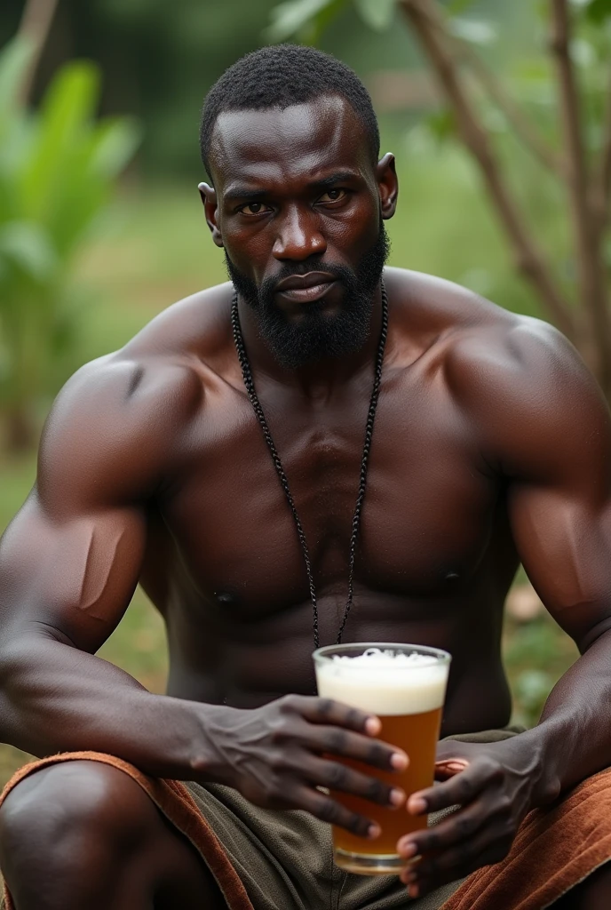 A bear chested african man sipping local brew
