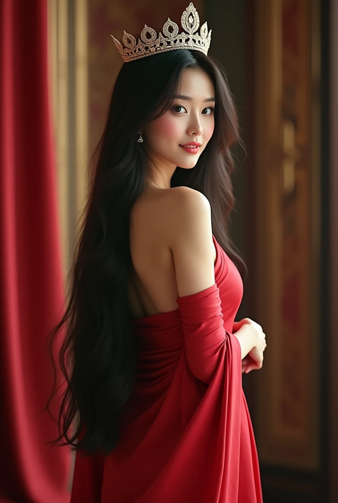 Asian woman, standing back, showing ass, sexy face, wearing silk, wearing crown, straight long hair