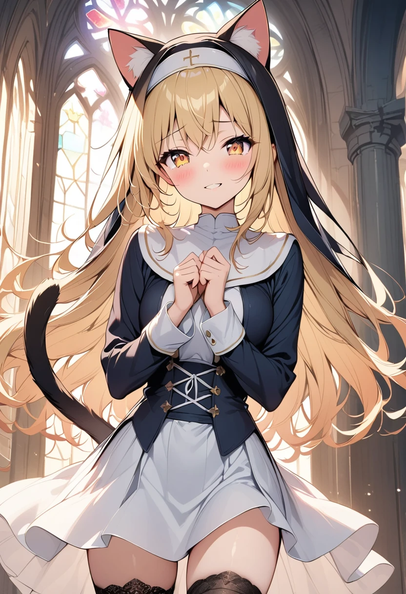 realistic image, coherent image, detailed image, 1 beautiful girl, long blonde hair, gold eyes, long eyelashes, cat ears, cat tail. Her face is oval and delicate, with a sad smile. She is wearing a nun habit with a black corset and mini skirt flowing high off her legs, with black lace stockings, she has a slender body with wide hips, large breasts, and thick thighs. She is in a castle church with rows of pews and a background with a large stained glass window, natural lighting, volumetric lighting, embarrassed, blushing