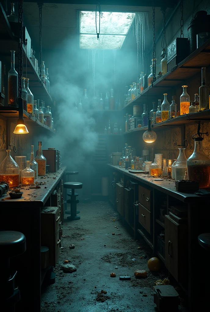 a mad scientist's messy and gloomy laboratory,detailed laboratory equipment,glass beakers and test tubes,smoke and steam,cobwebs,flickering lights,eerie atmosphere,unsettling scientific experiments,dramatic lighting,moody colors,deep shadows,science fiction,gothic horror,highly detailed,cinematic composition,dark and ominous,photorealistic,unreal engine,8k,best quality