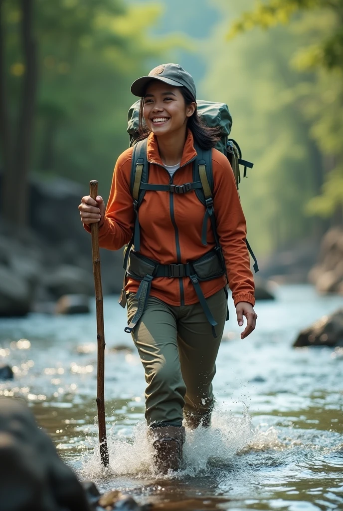 Photorealism 1.4 realistic realism high detailed definition Malay adult women crossing river river stream wearing adventure attirecamping backpack smile hold stick river stream water level at waist