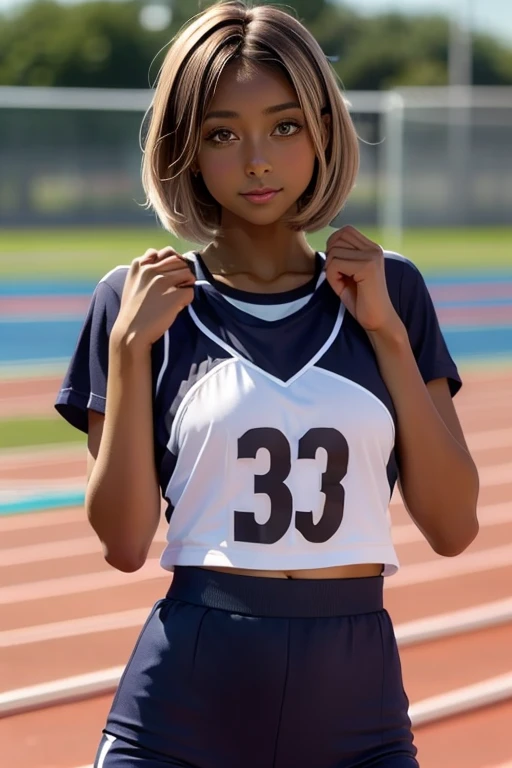 one girl, Put your hand over your mouth、Beautiful breasts、 Brown eyes, ((Gal Hairstyles)) blonde, girl, (Eye and facial details:1.0), break, (masterpiece, Highest quality, Very detailed, Detailed face, 8k),( dark skin:1.8 ), 唇を噛みしめる, 大きな胸, (((( short hair )))), (((( track and field uniform ))))