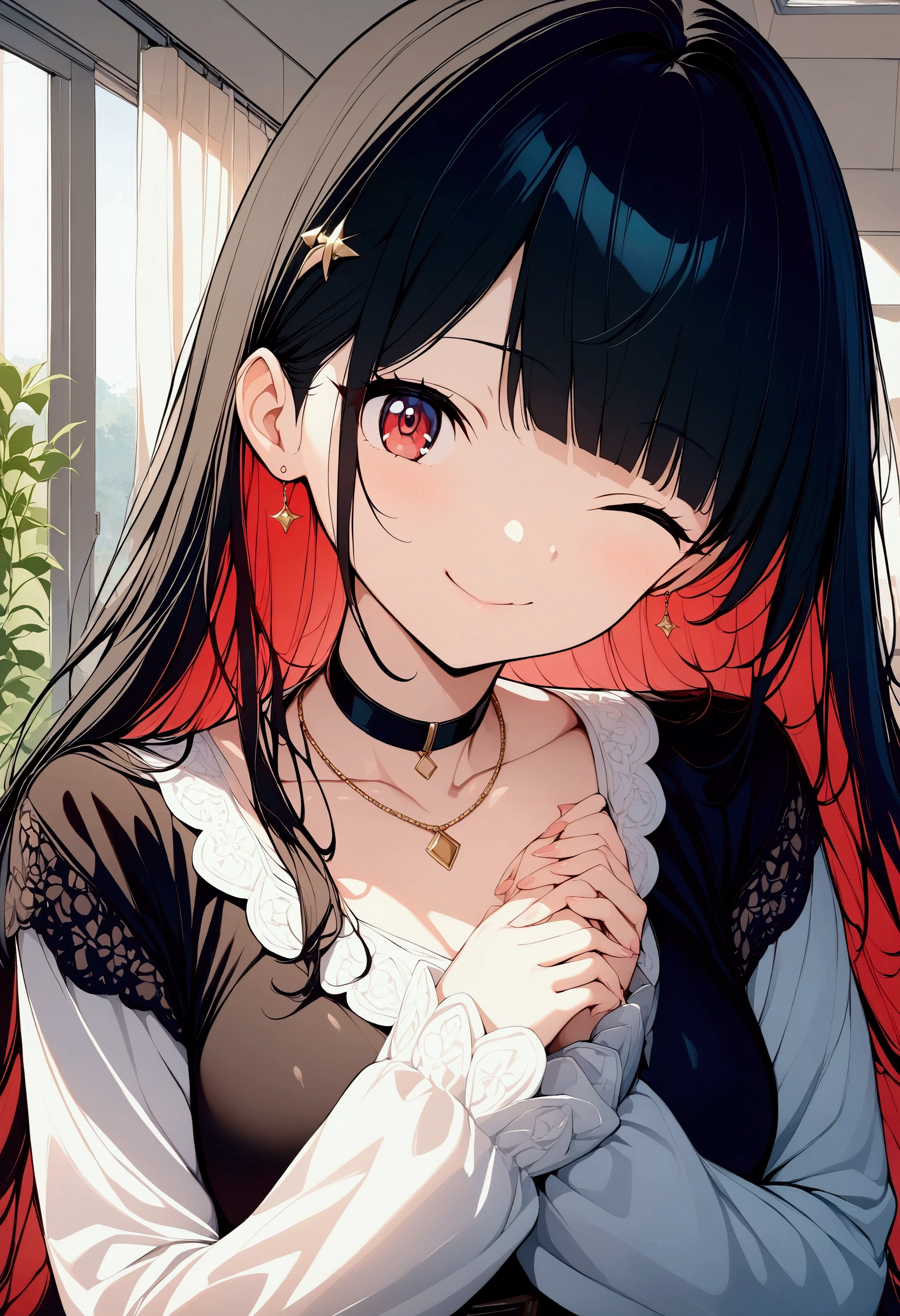(((anime))) A woman with one eye closed,Gal,Long Hair,(Black Hair),Diagonal bangs,necklace,smile,Red eyes,Big eyes,uniform,Volume sleeve,classroom,sunlight,masterpiece,Highest quality,Exquisite,8k,Absurd,Ultra-fine illustrations,(View your viewers)
