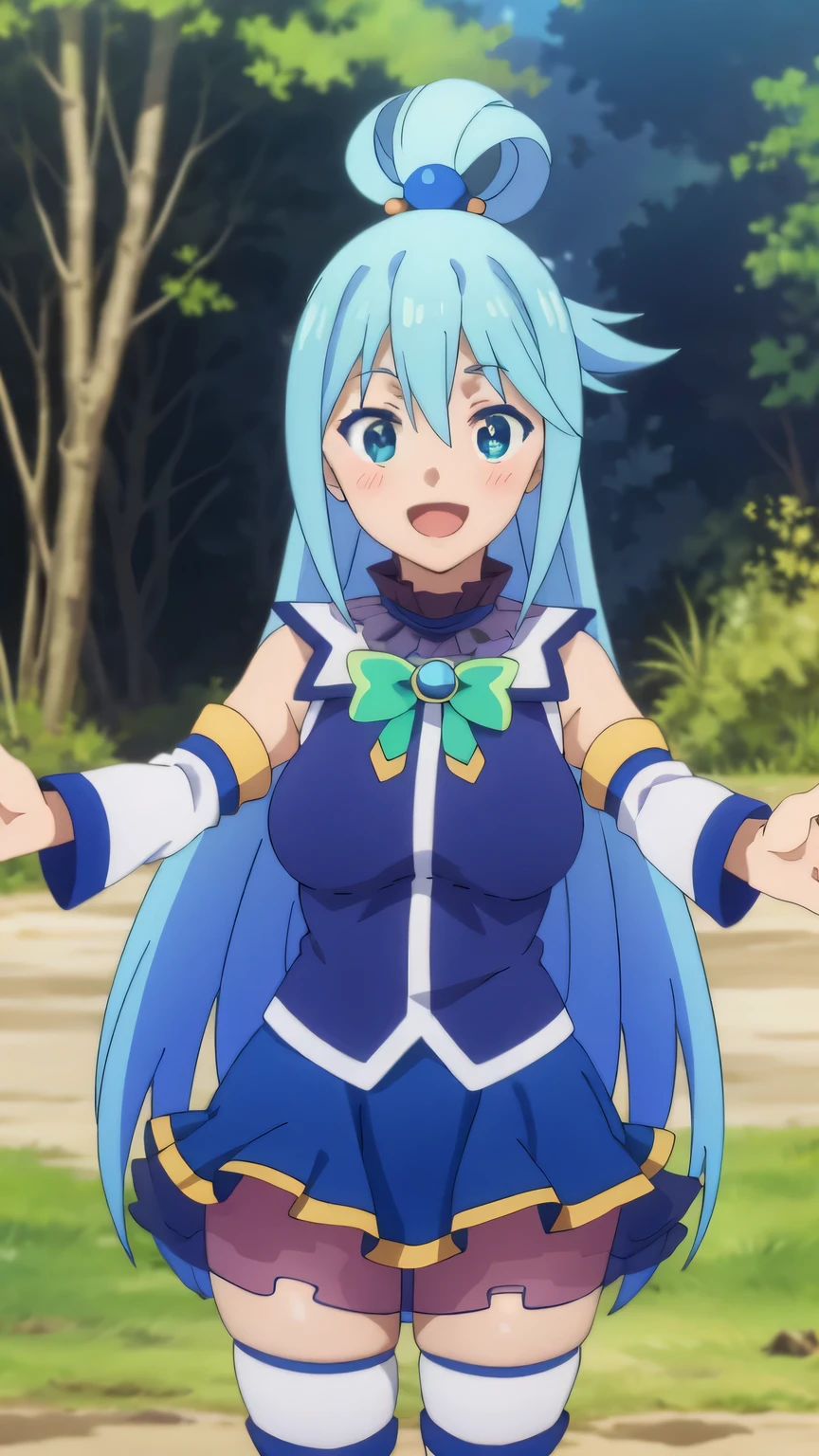 {{{masterpiece}}}, {{{best quality}}}, {{ultra-detailed}}, {illustration}, {{an extremely delicate and beautiful}}, (beautiful detailed eyes:1.6), extremely detailed face, 16k, visual anime de uma jovem mulher, extremamente bonito rosto de anime, anime melhor garota,(High resolution eyes, Beautiful eyes, Light in the eyes), anime face, aqua (God's Blessing on This Wonderful World!), 1girl, cute face, long hair, blue eyes, hair ornament, very long hair, blue hair, bangs, hair rings, single hair ring, hair bobbles, large breasts, thin waist, big hips, curvaceous, BREAK, skirt, shirt, thighhighs, bare shoulders, detached sleeves, white sleeves, white thighhighs, blue skirt, petticoat, blue shirt, green bow, blue long boots, thighs, zettai ryouiki, BREAK, INCOMING HUG, INCOMING KISS, blush, sorriso alegre, open mouth, visual anime de uma jovem mulher, extremamente bonito rosto de anime, anime melhor garota, sorriso astuto, outdoor, sky, daytime, forest, field