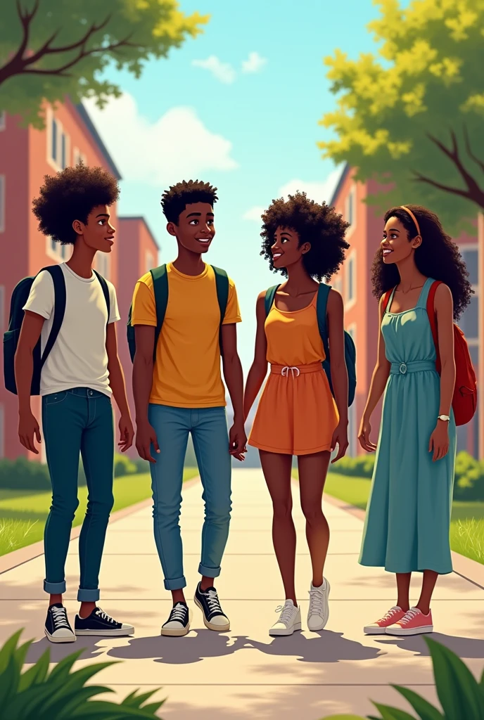 Two teenage black boys and two teenage black girls in a university background. The two boys are casually dressed. The two girls are casually dressed.
