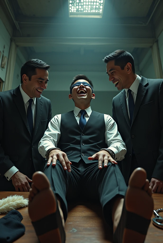 Malaysia malay handsome 23 years lawyer
He laugh very hard
His hand handcuff in abondon warehouse
Blindfolded
handcuff
Black vest Outfit Blue tie
Focus feet on desk
feather duster on desk
Blacksock on desk
2 evil mafia rub his feet