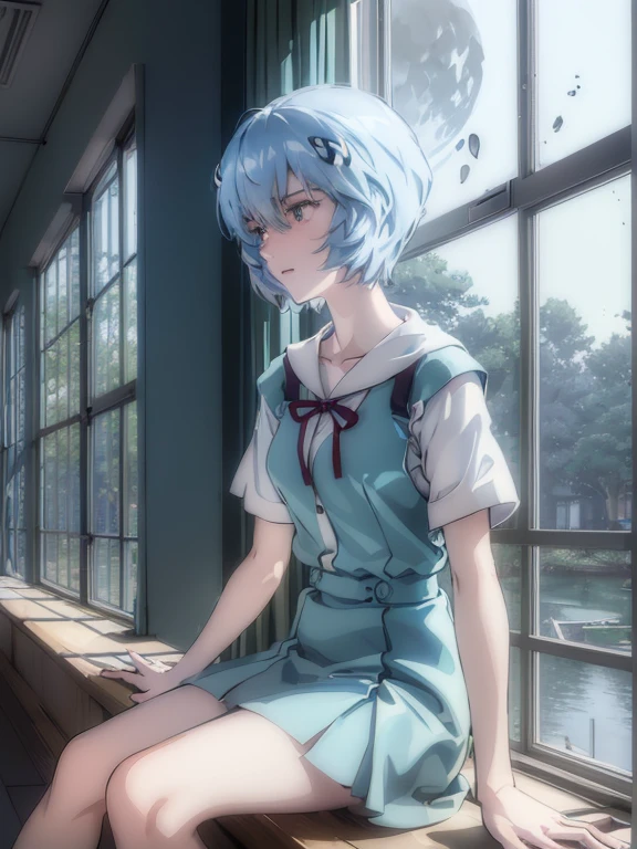 ultra-detailed, illustration, Beautiful Face, Beautiful body, (Rei Ayanami), Bluish silver short hair, (((One hand on cheek, Large windows, Open window, Leaning on the window frame, One foot on the window sill))), (Leaning forward), Tokyo-3 middle school uniform, black socks, ((Moon Background, The moon looks big:1.3, Gazing at the Moon:1.3)), ((Night:1.3)), View from inside the Hospital room, The lace curtains are swaying in the wind, Slightly slim body, face in profile, ephemeral Expression, extremely detailed eyes and face, photo with an 85mm camera, ((masterpiece, best quality, high resolution))