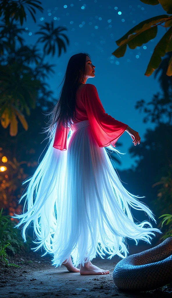a beautiful young Indonesian woman, all her long hair turned into a smooth neon white following the flow of her glowing hair, her hair looks artistically shiny. dreamy expression, dance moves, bright red long sleeved loose shirt standing barefoot with a giant gallon sized python exposed to neon lights. Night background in tropical forest. starry sky, photography, realistic, Ultra HD 8K