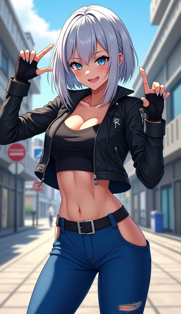 ((Angel from The King of Fighters)) Create a hyper-realistic anime-style illustration of Angel from The King of Fighters in an urban setting. Depict her with shoulder-length silver hair, striking blue eyes, and a playful expression. Dress her in a black leather crop jacket, unzipped to reveal a matching top underneath. Add fingerless gloves and her signature blue pants with one leg cut off, exposing her thigh. Position Angel in a dynamic pose with arms raised, making playful hand gestures. Set the scene on a sunny city sidewalk with modern architecture in the background. Use strong lighting to highlight her toned physique and create contrast with shadows. Employ a detailed art style that blends photorealistic textures with anime aesthetics. Focus on intricate details like the leather texture, hair shine, and subtle muscle definition. Add depth with reflections on nearby surfaces and small environmental details like distant traffic signs or pedestrians. The overall composition should capture Angel's energetic and flirtatious personality while showcasing high-quality, cinematic rendering techniques.