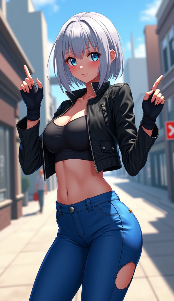 ((Angel from The King of Fighters)) Create a hyper-realistic anime-style illustration of Angel from The King of Fighters in an urban setting. Depict her with shoulder-length silver hair, striking blue eyes, and a playful expression. Dress her in a black leather crop jacket, unzipped to reveal a matching top underneath. Add fingerless gloves and her signature blue pants with one leg cut off, exposing her thigh. Position Angel in a dynamic pose with arms raised, making playful hand gestures. Set the scene on a sunny city sidewalk with modern architecture in the background. Use strong lighting to highlight her toned physique and create contrast with shadows. Employ a detailed art style that blends photorealistic textures with anime aesthetics. Focus on intricate details like the leather texture, hair shine, and subtle muscle definition. Add depth with reflections on nearby surfaces and small environmental details like distant traffic signs or pedestrians. The overall composition should capture Angel's energetic and flirtatious personality while showcasing high-quality, cinematic rendering techniques.