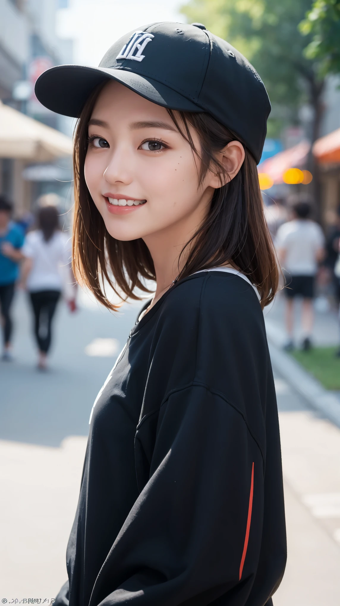 masterpiece, Highest quality, Highest quality, beautiful girl, Cute Face, 8k, Official Art, RAW Photos, When going out in the city during the hot season, please wear cool clothes., profile, Sports Cap, Teen, Face Light, Film Grain, chromatic aberration, Sharp focus, Very happy smile, Show me your little teeth, Dynamic Lighting, Cinema Lighting, Photo of your face, Upward glance