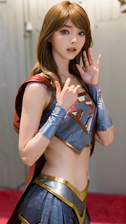(Highest quality, masterpiece, Absurd)),One girl:1.3, alone:1.3,Beautiful woman,Expressive blue eyes, Beautiful woman,Long blonde hair, 21 years, alone, One girl,Hourglass-shaped body,Huge breasts, defined body, Wearing Superman Cosplay((Supergirlコスプレボディスーツ, skirt (waist up to half of thigh)Supergirl, supergir short red cape)), Bright colors