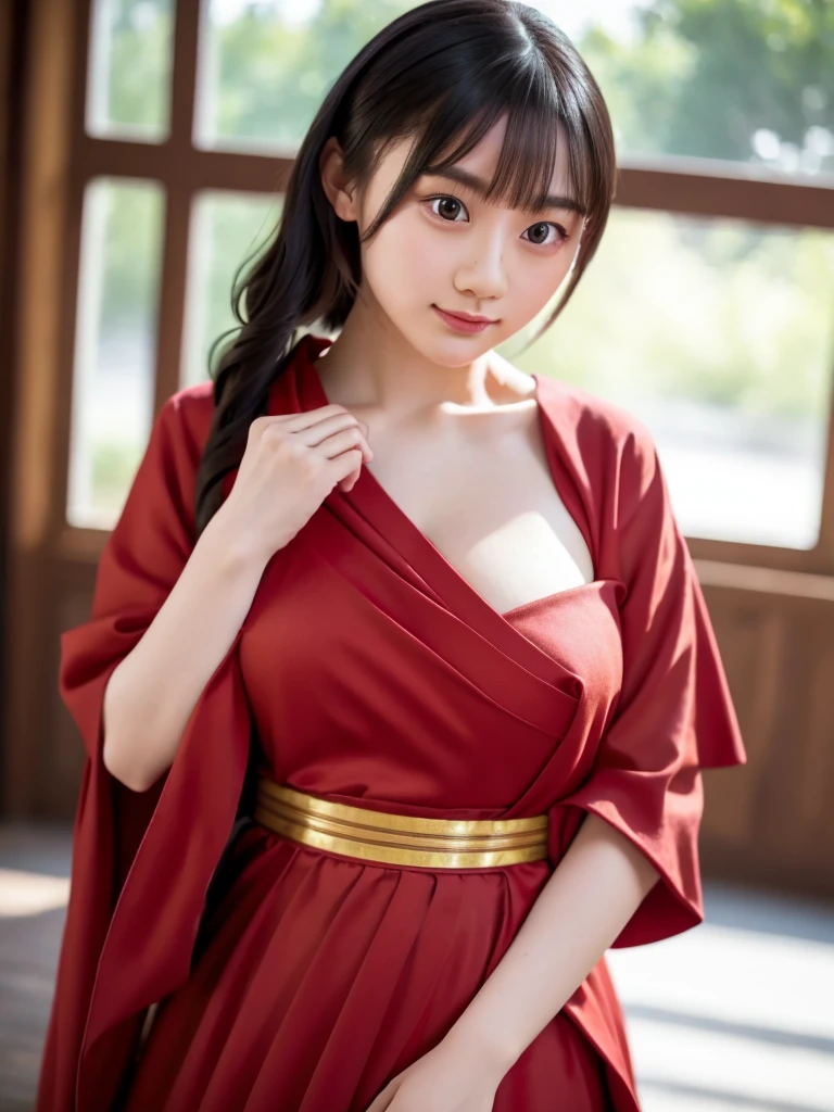 best quality, masterpiece, highres, 1girl, china hanfu,chinese architect background, red scarf, hair ornament,jewelry,Beautiful face,upon_body, tyndall effect,photorealistic, dark studio, rim lighting, two tone lighting,(high detailed skin:1.2), 8k uhd, dslr, soft lighting, high quality, volumetric lighting, candid, Photograph, high resolution, 4k, 8k, Bokeh,red dress girl, (natural big breast).