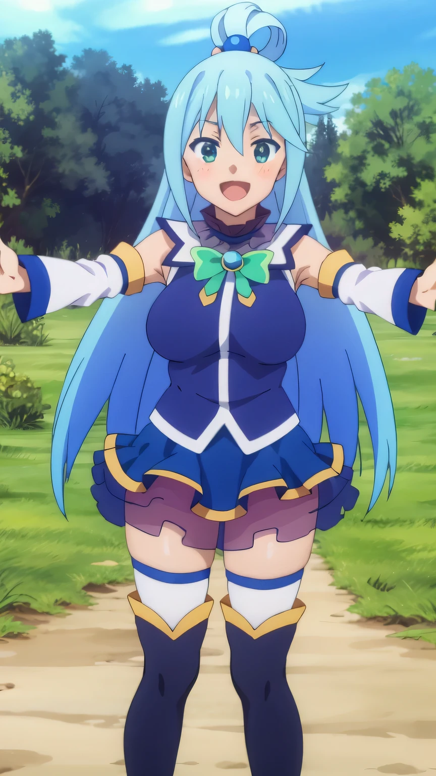 {{{masterpiece}}}, {{{best quality}}}, {{ultra-detailed}}, {illustration}, {{an extremely delicate and beautiful}}, (beautiful detailed eyes:1.6), extremely detailed face, 16k, visual anime de uma jovem mulher, extremamente bonito rosto de anime, anime melhor garota,(High resolution eyes, Beautiful eyes, Light in the eyes), anime face, aqua (God's Blessing on This Wonderful World!), 1girl, cute face, long hair, blue eyes, hair ornament, very long hair, blue hair, bangs, hair rings, single hair ring, hair bobbles, large breasts, thin waist, big hips, curvaceous, BREAK, skirt, shirt, thighhighs, bare shoulders, detached sleeves, white sleeves, white thighhighs, blue skirt, petticoat, blue shirt, green bow, blue long boots, thighs, zettai ryouiki, BREAK, INCOMING HUG, INCOMING KISS, blush, sorriso alegre, open mouth, visual anime de uma jovem mulher, extremamente bonito rosto de anime, anime melhor garota, sorriso astuto, outdoor, sky, daytime, forest, field
