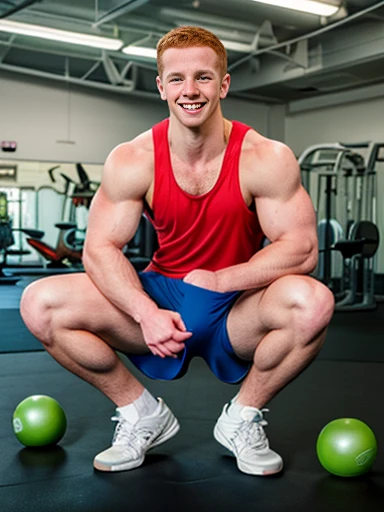 Gym weight room, muscular handsome jock ((age 21)), ginger hair, grinning, sexytrainer, tank top, shorts, sneakers, crew length socks, ((crotch bulge)), exercise, (homoerotic), masterpiece, best quality, (((full body portrait))), ((full body)), (looking at viewer), longshot, highly detailed, (high skin detail), (high face detail), ((photorealistic)), smile, flirt