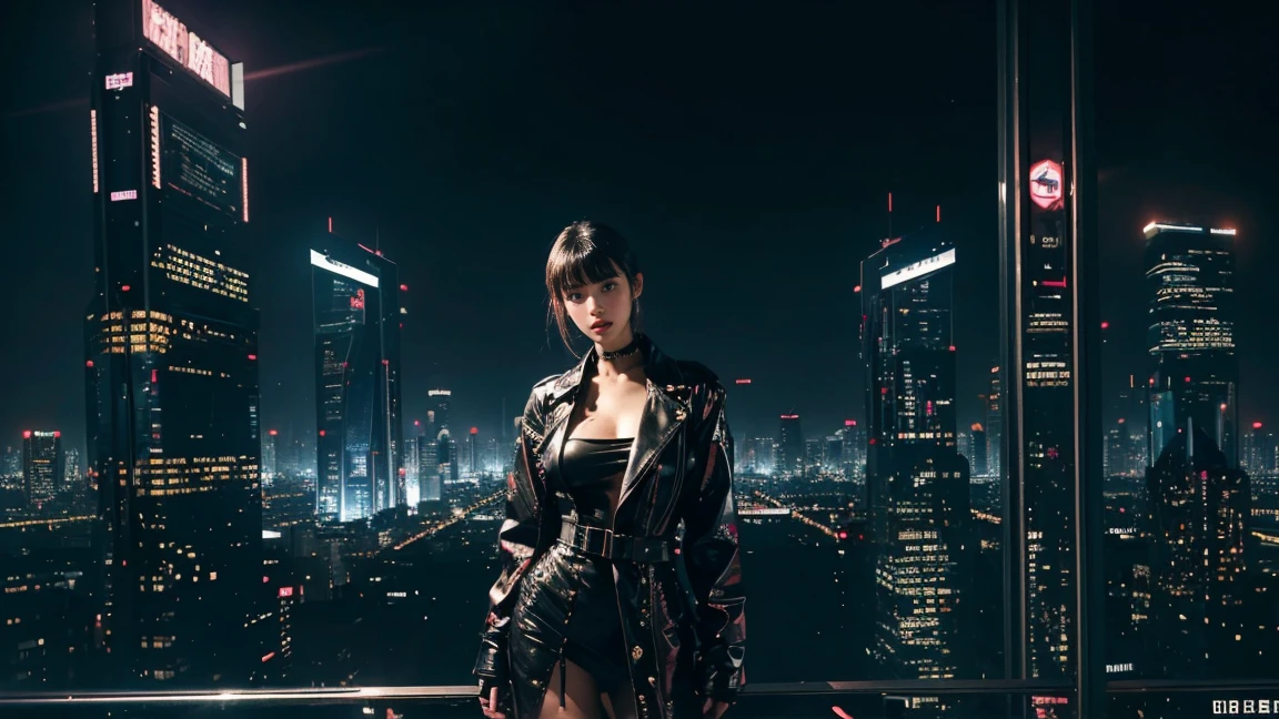 Living in a decadent world of the near future、、Cyberpunk Fashion、blade runner worldview、Asian Skyscrapers、''((it's raining)、fog、(Realistic depiction)、Beautiful woman looking up at the sky from the ground