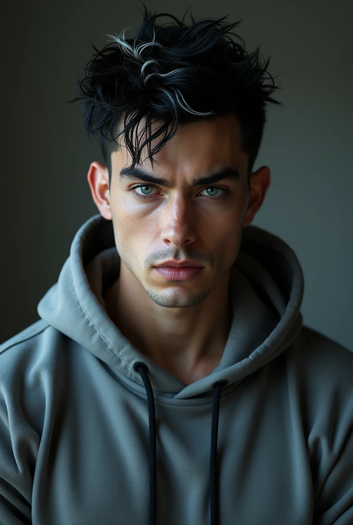 A close up of a tall muscular man, short wavy yet spiky messy hair, hair color black with white streaks, deep toned skin, wearing a Grey hoodie, (gothic style:1.2) . mysterious, haunting, dramatic, (minimal, ornate), aesthetic, eerily beautiful, dark surrealism, best quality