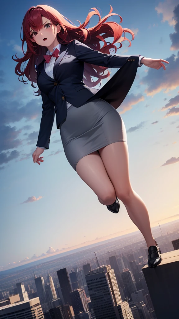 2d, masterpiece, best quality, anime, highly detailed, 1girl, solo, monika, green eyes, very long hair, ponytail, school uniform, straight-on, smile, (full body:1.5), giantess, smile, (from below:1.5), thick thighs, looking down at viewer, upskirt, (large breasts:1.3), field, (looming:1.3), mature female, high quality, hd quality, masterpiece, photorealistic, (presenting foot, shoe soles, close-up foot:1.3), intense angle, :d, (Sitting on Building:1.6), very low angle, female pervert, toragao, (sitting:1.5), (white undershirt, orange sweater:1.2), (brown jacket:1.4), (absolute territory, black thighhighs:1.4), (uwabaki:1.5), full body in frame, (GTSCity, buildings, city:1.3), blue skirt, (hand on building:2), (one hand at side:1.6), (licking lips, licking own lips:1.1), (sweat:1.2), anime girl sitting on a building with her legs crossed, hyperrealistic schoolgirl, realistic schoolgirl, a hyperrealistic schoolgirl, seductive anime girl, smooth anime cg art, thighs close up, thighs!!!, beautiful anime girl squatting, commission for high res, large thighs, extremely detailed artgerm, sitting on a building, on a building,
