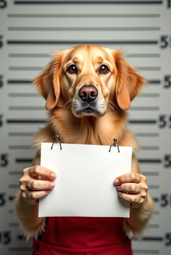 golden retriever in red overalls taking photo sideways holding paper in police mugshot