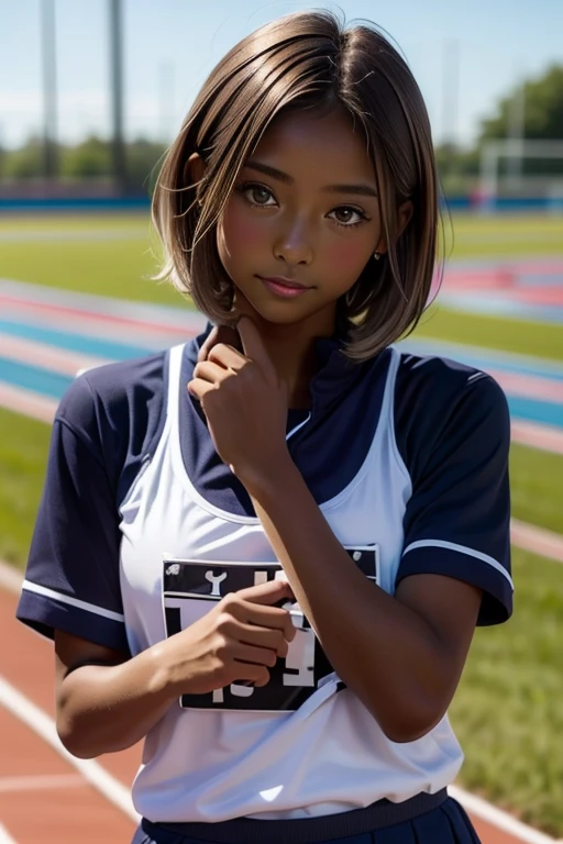 one girl, Put your hand over your mouth、Beautiful breasts、 Brown eyes, ((Gal Hairstyles)) blonde, girl, (Eye and facial details:1.0), break, (masterpiece, Highest quality, Very detailed, Detailed face, 8k),( dark skin:1.8 ), 唇を噛みしめる, 大きな胸, (((( short hair )))), (((( track and field uniform ))))