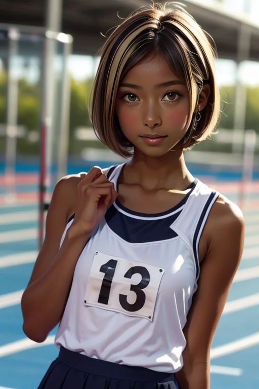 one girl, Put your hand over your mouth、Beautiful breasts、 Brown eyes, ((Gal Hairstyles)) blonde, girl, (Eye and facial details:1.0), break, (masterpiece, Highest quality, Very detailed, Detailed face, 8k),( dark skin:1.8 ), 唇を噛みしめる, 大きな胸, (((( short hair  )))), (((( track and field uniform ))))