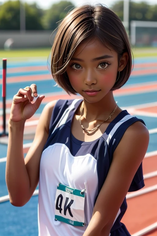 one girl, Put your hand over your mouth、Beautiful breasts、 Brown eyes, ((Gal Hairstyles)) blonde, girl, (Eye and facial details:1.0), break, (masterpiece, Highest quality, Very detailed, Detailed face, 8k),( dark skin:1.8 ), 唇を噛みしめる, 大きな胸, (((( short hair )))), (((( track and field uniform ))))