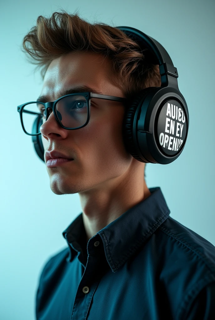 A young man with large headphones and placing the word VIOCENTER on the headphones to make an impact since he is an energy consultant with the photo of a light bulb in the corner of the image