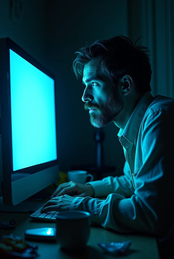 man hypnotized by the screen,  addict