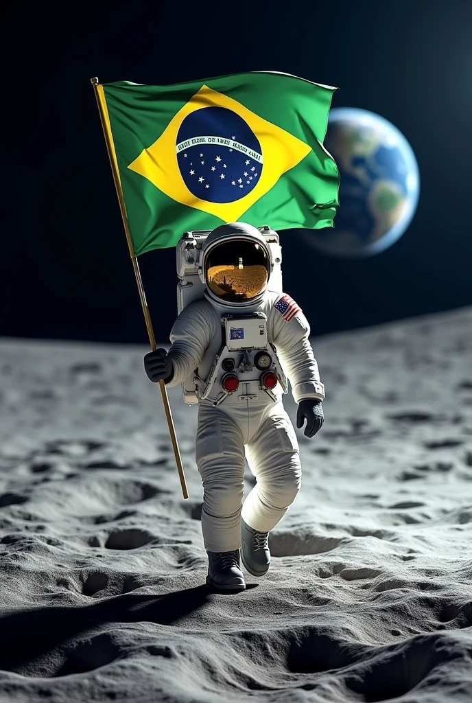 create an image of an astronaut on the moon with the brazilian flag realistic image