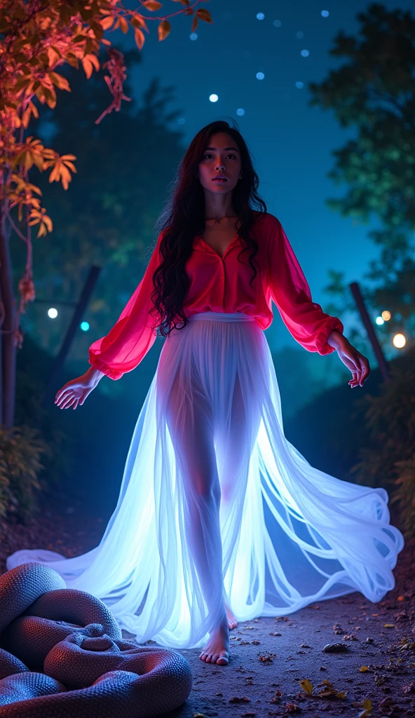 a beautiful young Indonesian woman, all her long hair turned into a smooth neon white following the flow of her glowing hair, her hair looks artistically shiny. dreamy expression, dance moves, bright red long sleeved loose shirt standing barefoot with a giant gallon sized python exposed to neon lights. Night background in tropical forest. starry sky, photography, realistic, Ultra HD 8K