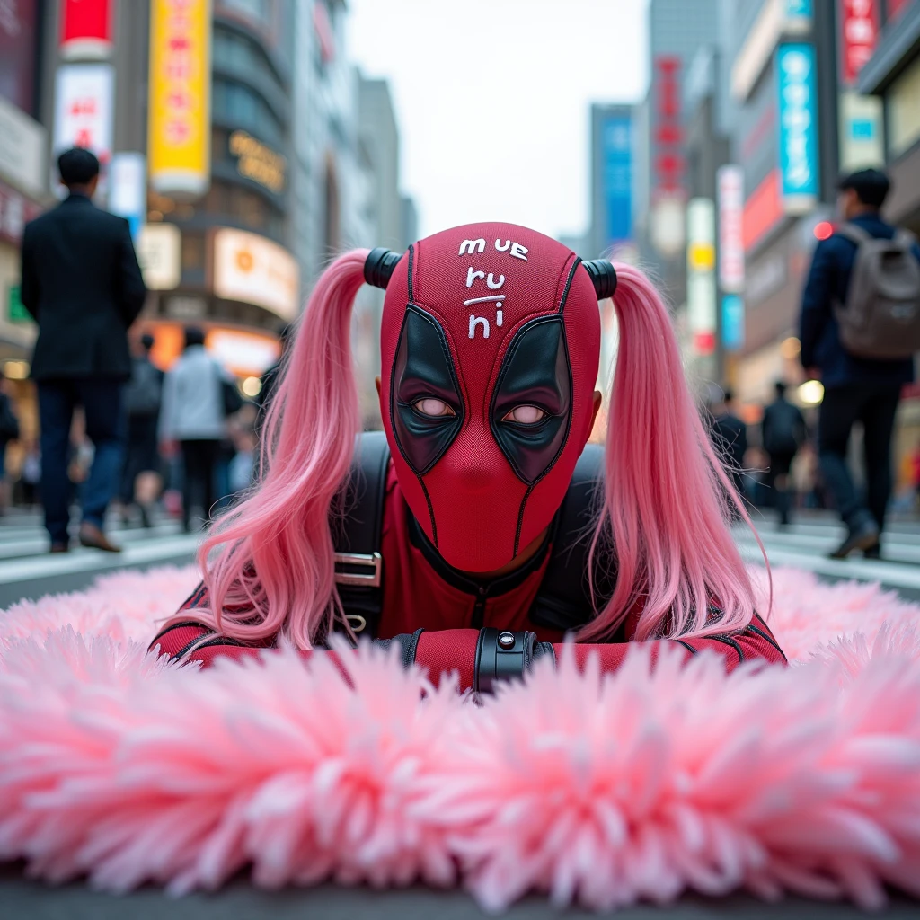 ((Highest quality)), ((masterpiece)), (photograph), ((low angle shot)), ((40 years old)), ((Japanese women)), ((Deadpool costume and mask)), (((The word &quot;mu mi&quot; is written in white letters on the mouth.))), Deadpool woman with pink hair and twin tails, Lying on a fluffy pink bath mat at Tokyo&#39;s Scramble Crossing, Surrounded by passers-by,