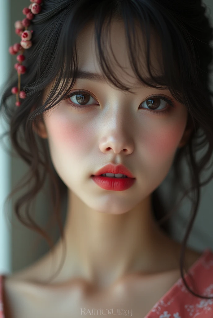 A realistic, highly detailed portrait of a beautiful young Japanese woman, with flawless skin, striking red lips, and captivating eyes that draw the viewer in, set against a softly blurred background, masterfully rendered in a photorealistic style, ultra-detailed and vibrant in color.