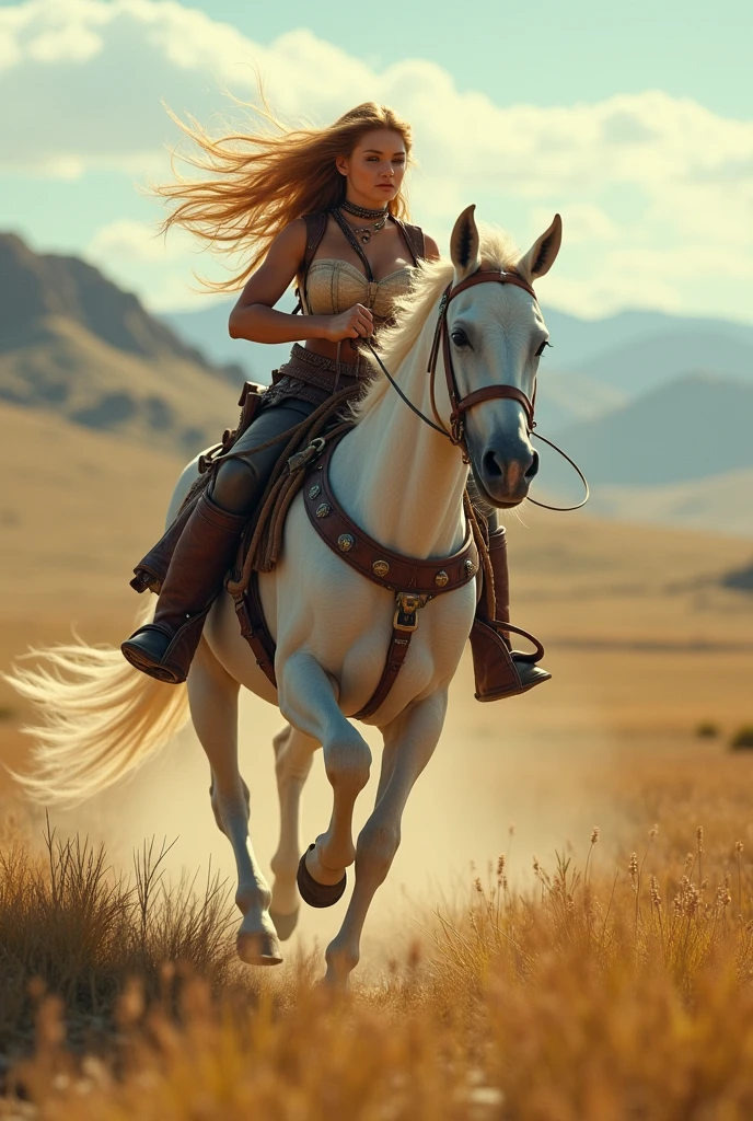 Beautiful blonde centaur girl、、Big Tits、Western equipment、A large and practical bow、Running through the steppes、Dynamic composition、Cinematic lighting