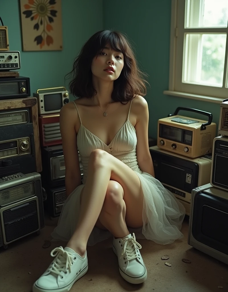 below angle with wide shot in messy room with a pile of old radios walls, High quality, motion blur, there was a real kpop idol woman with a moody expression, real moment, in beauty slipdress, sneakers, open legs, chubby, bangs hairstyle, intricate pose, natural soft light, windy, perfect shadow, poetic photo style, ultra realistic object, ultra highly detailed, real skin, realistic lighting, sharp focus, shot by mamiya RZ67, midjourney v6 realism