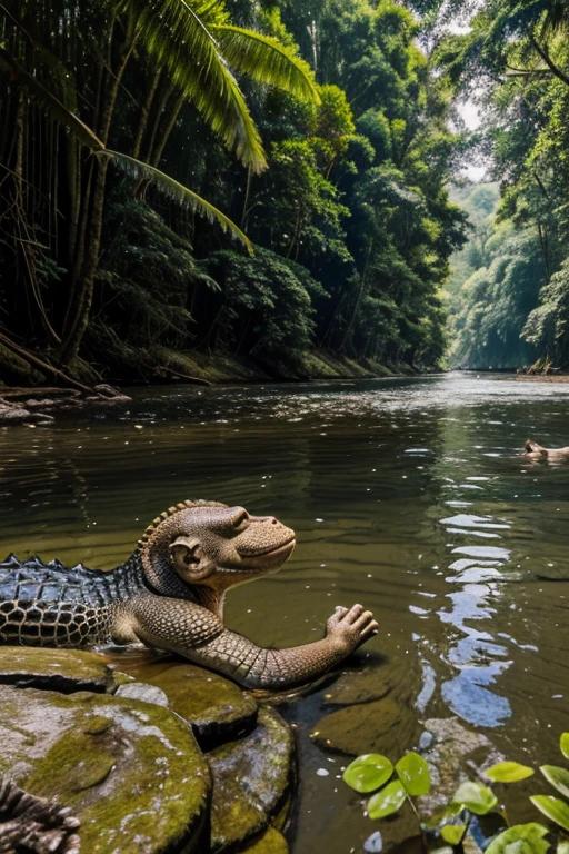 A cunning crocodile partially submerged in the river, inviting a hesitant monkey on the riverbank to join him for a swim. The monkey looks thoughtful, scratching his chin, while the crocodile maintains a persuasive, sly smile. The surrounding forest is peaceful with tall trees and clear water."